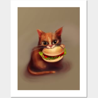 Cat eating Burger Posters and Art